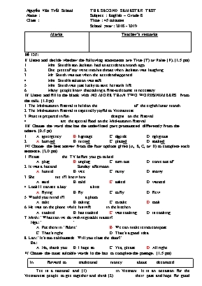 Đề kiểm tra học kỳ II môn Tiếng Anh Lớp 8 - Mã đề 135 - Năm học 2018-2019 - Trường THCS Nguyễn Văn Trỗi